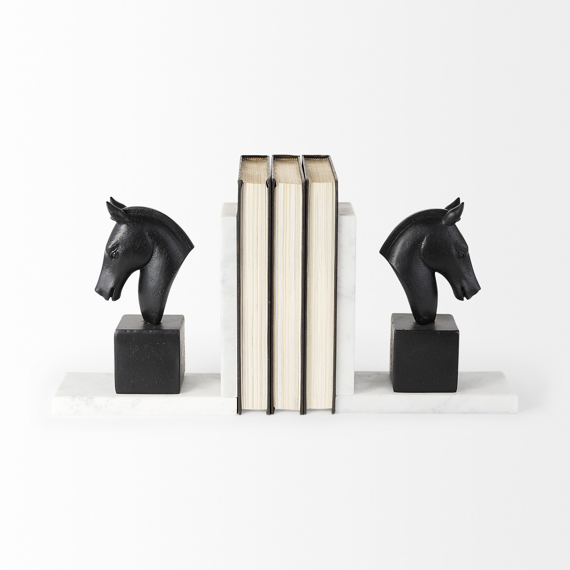 8" Black Resin and Marble Horse Bookends