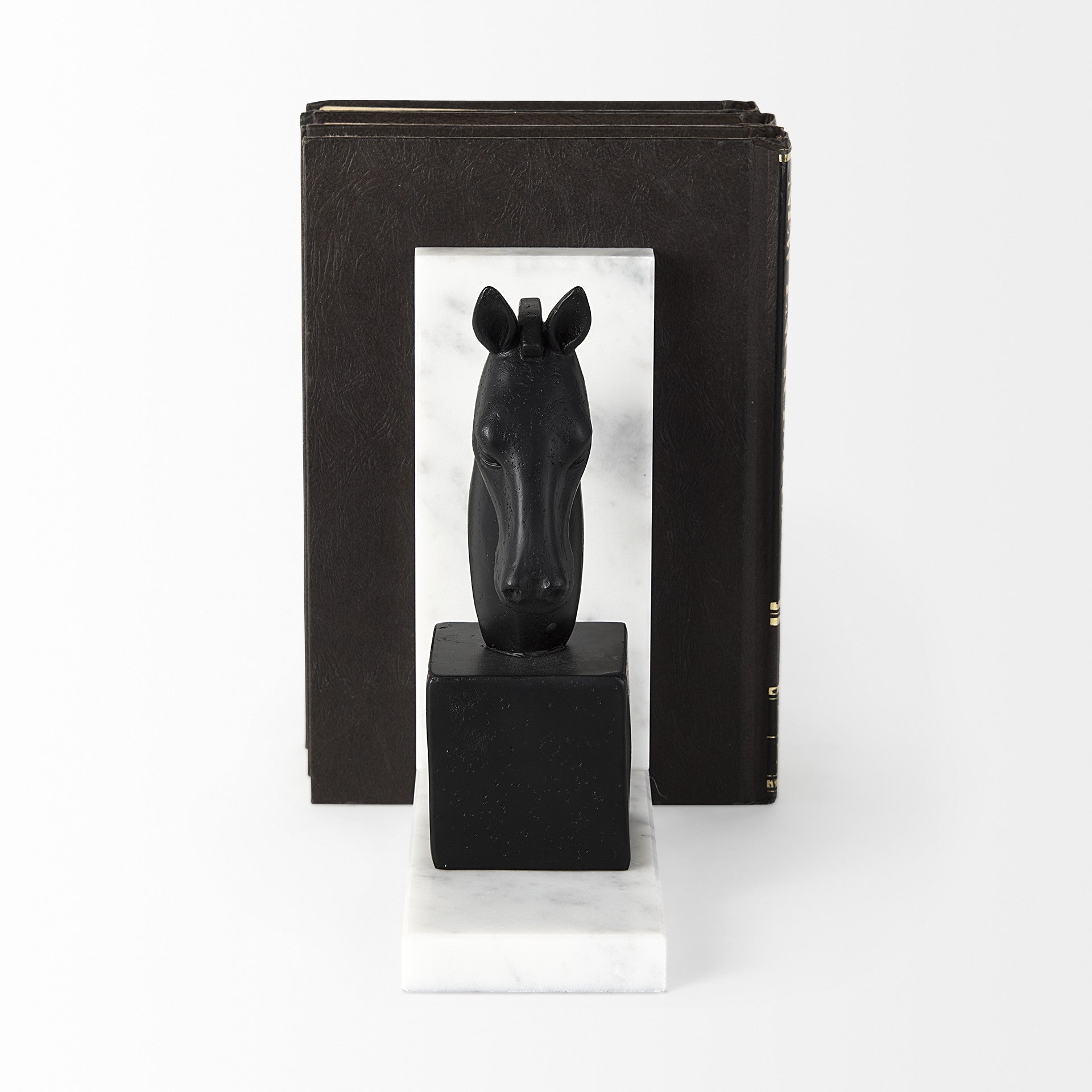 8" Black Resin and Marble Horse Bookends