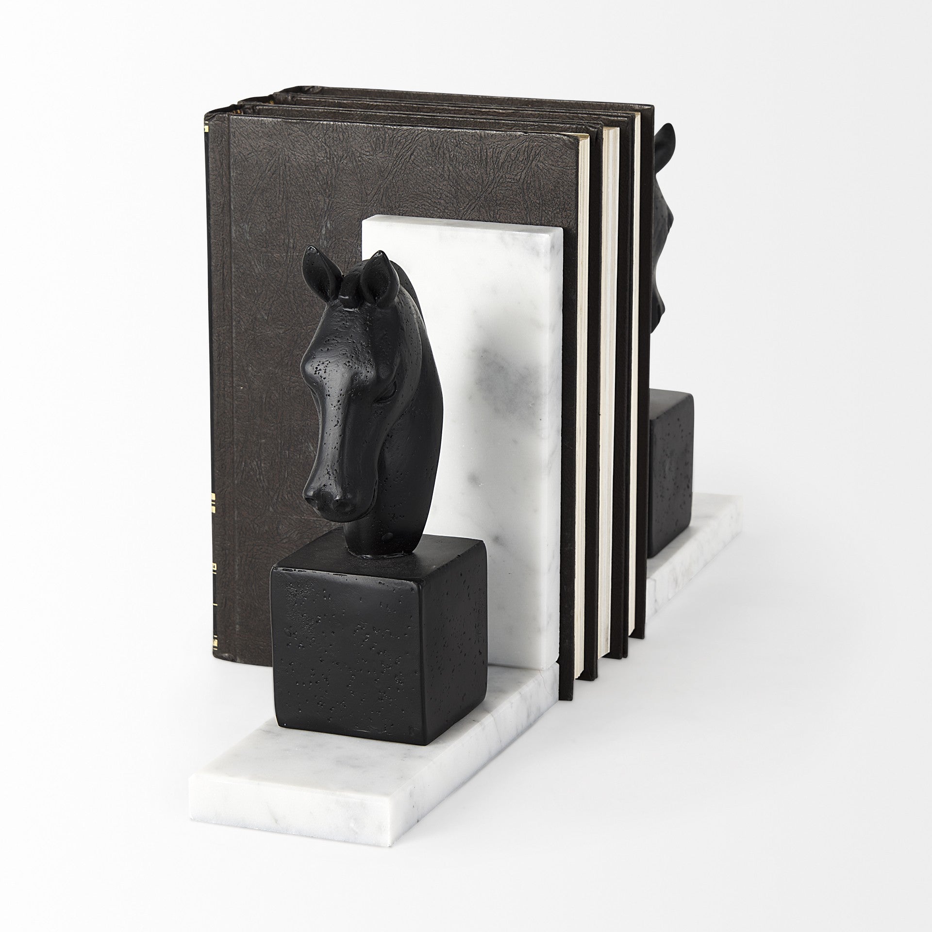 8" Black Resin and Marble Horse Bookends