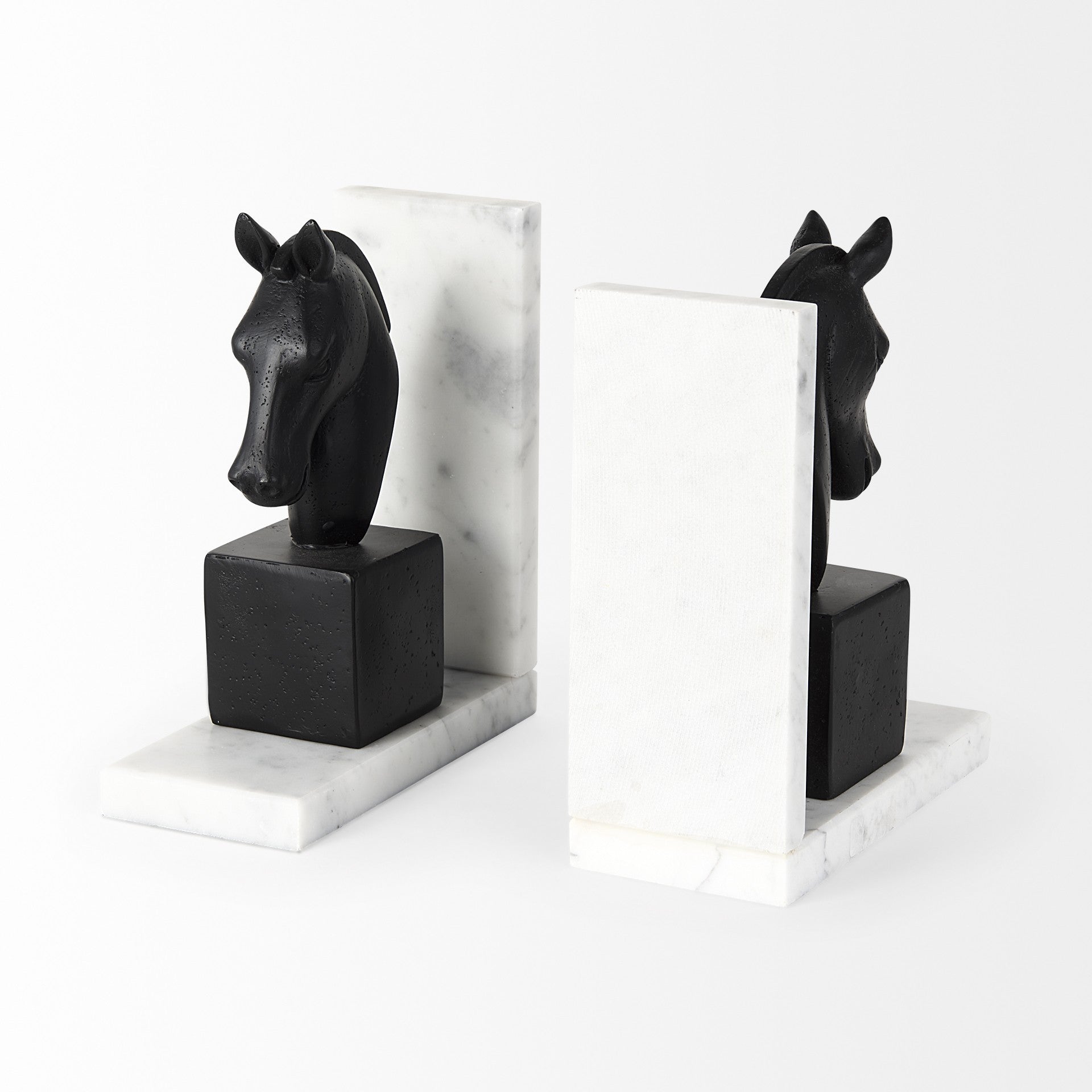 8" Black Resin and Marble Horse Bookends