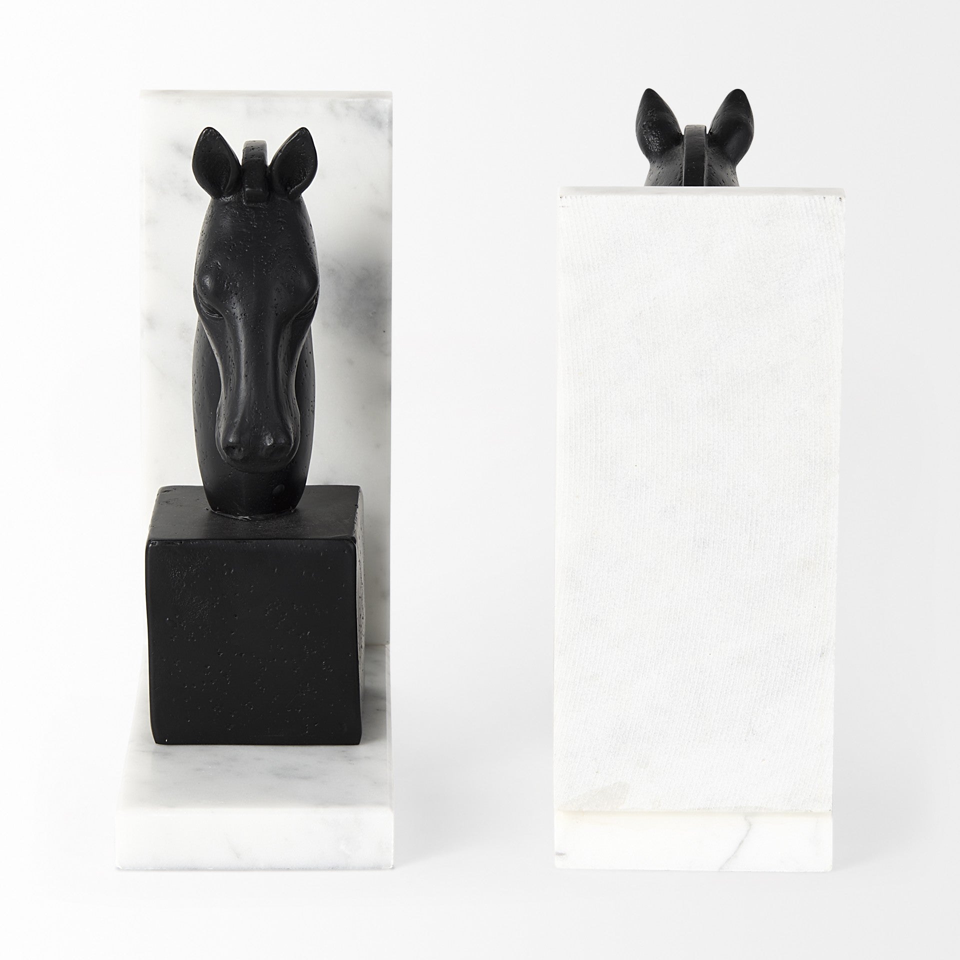 8" Black Resin and Marble Horse Bookends