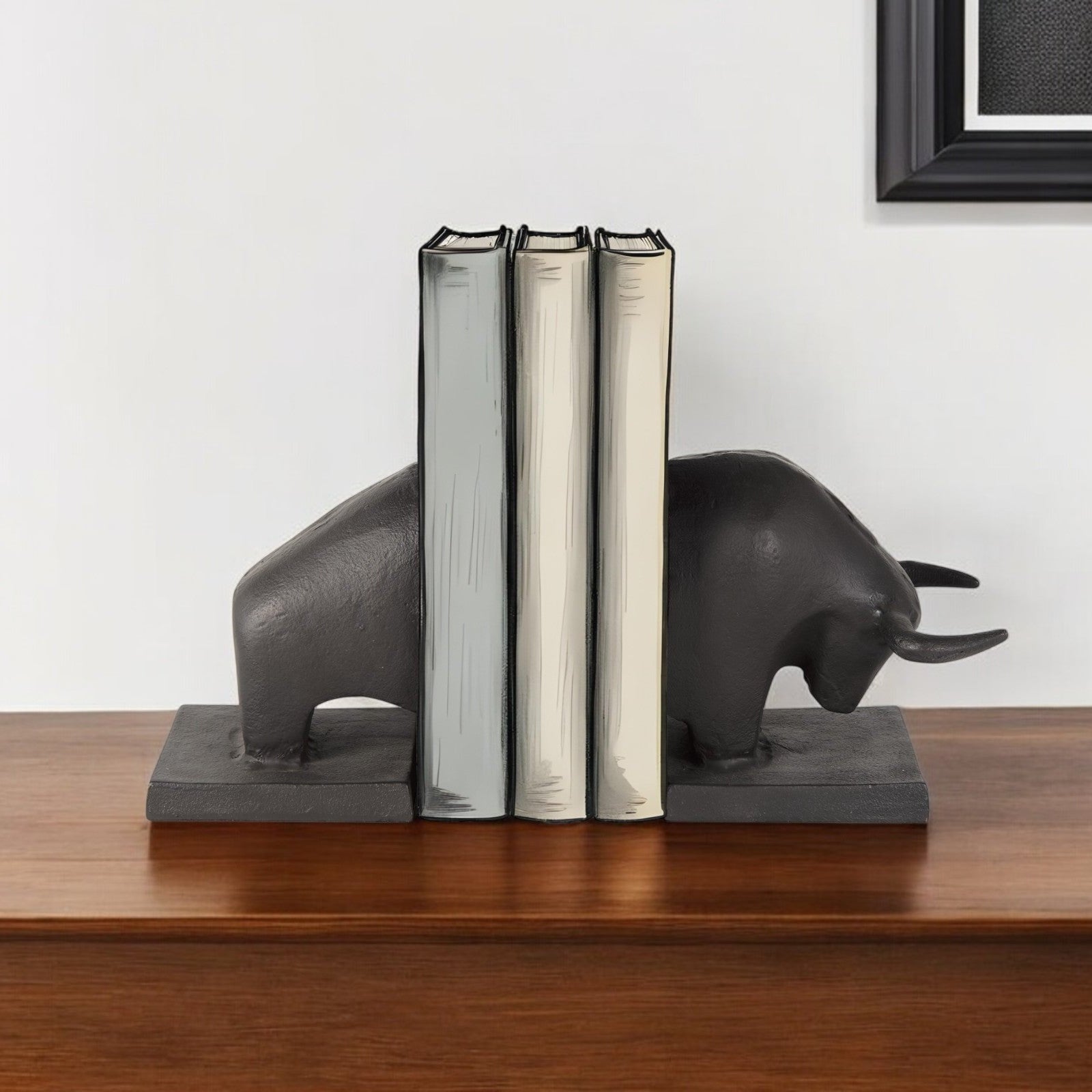 9" Black Aluminum Charging Bull Bookends