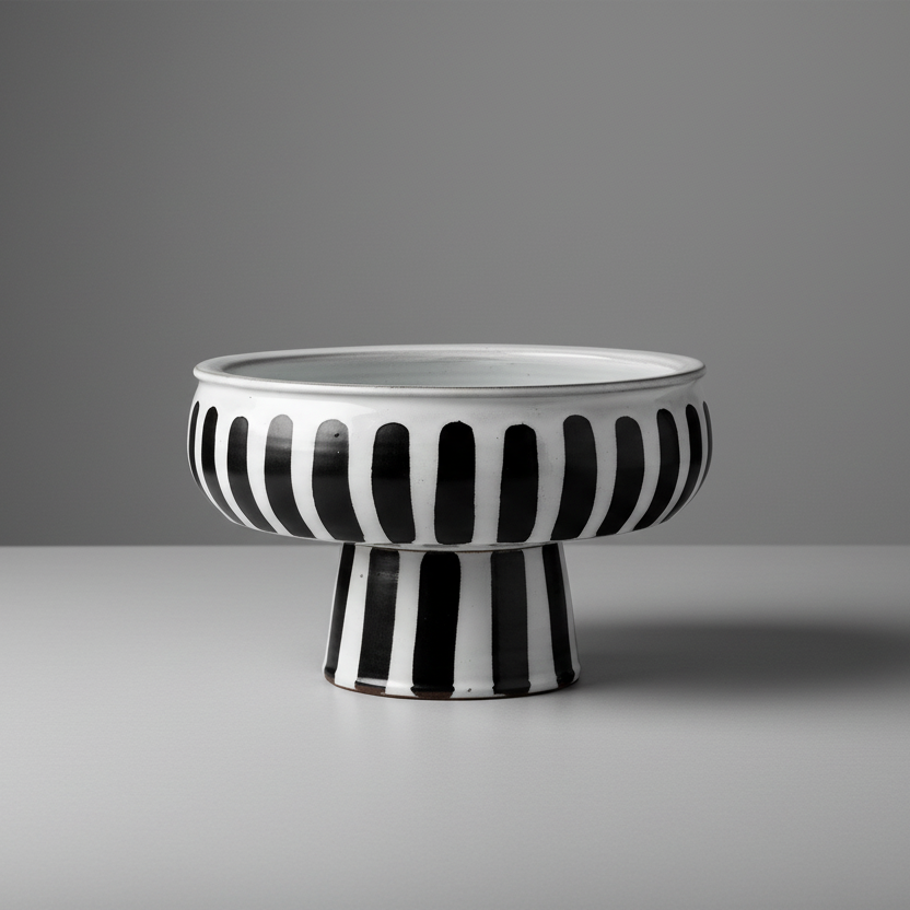 14" White and Black Ceramic Striped Table Vase