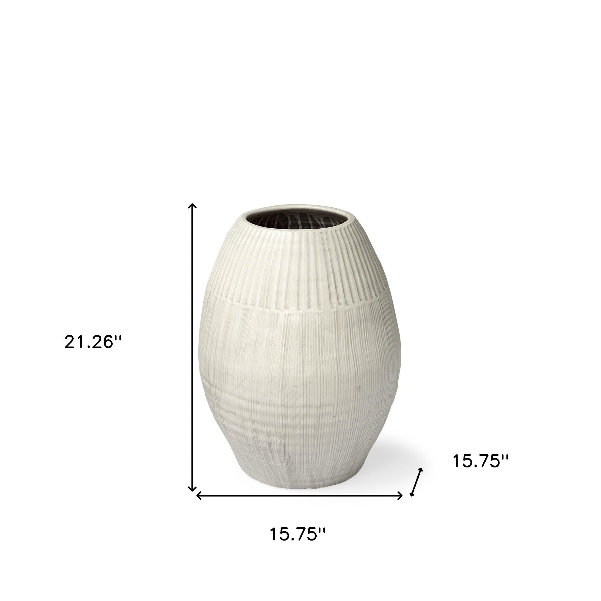 21" White Embossed Striped Ceramic Vase