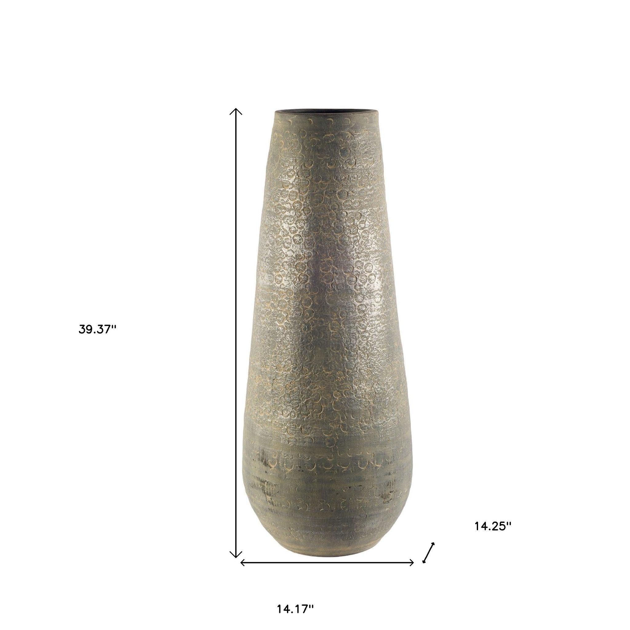 39" Tall Rustic Gray and Gold Ceramic Floor Vase