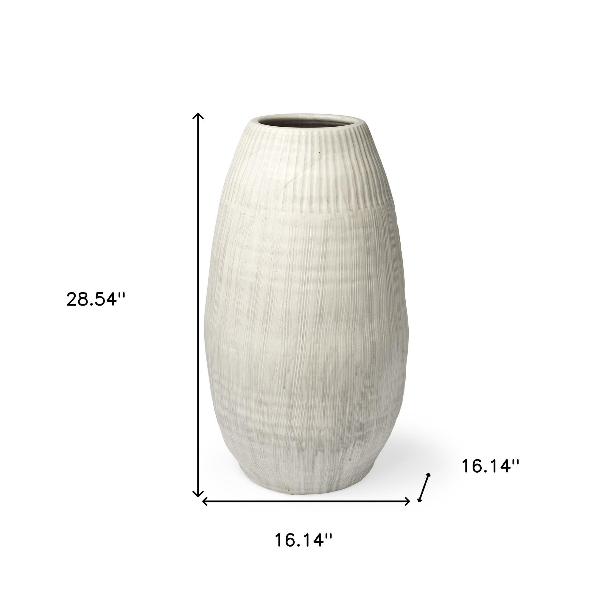 29" White Embossed Striped Ceramic Floor Vase