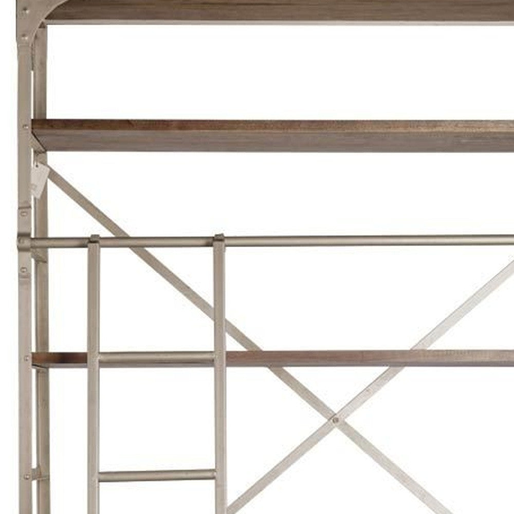 94" Brown Nickel and Wood Bookcase With Ladder