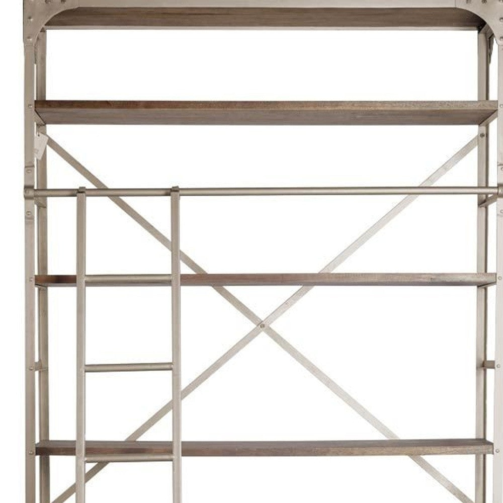 94" Brown Nickel and Wood Bookcase With Ladder