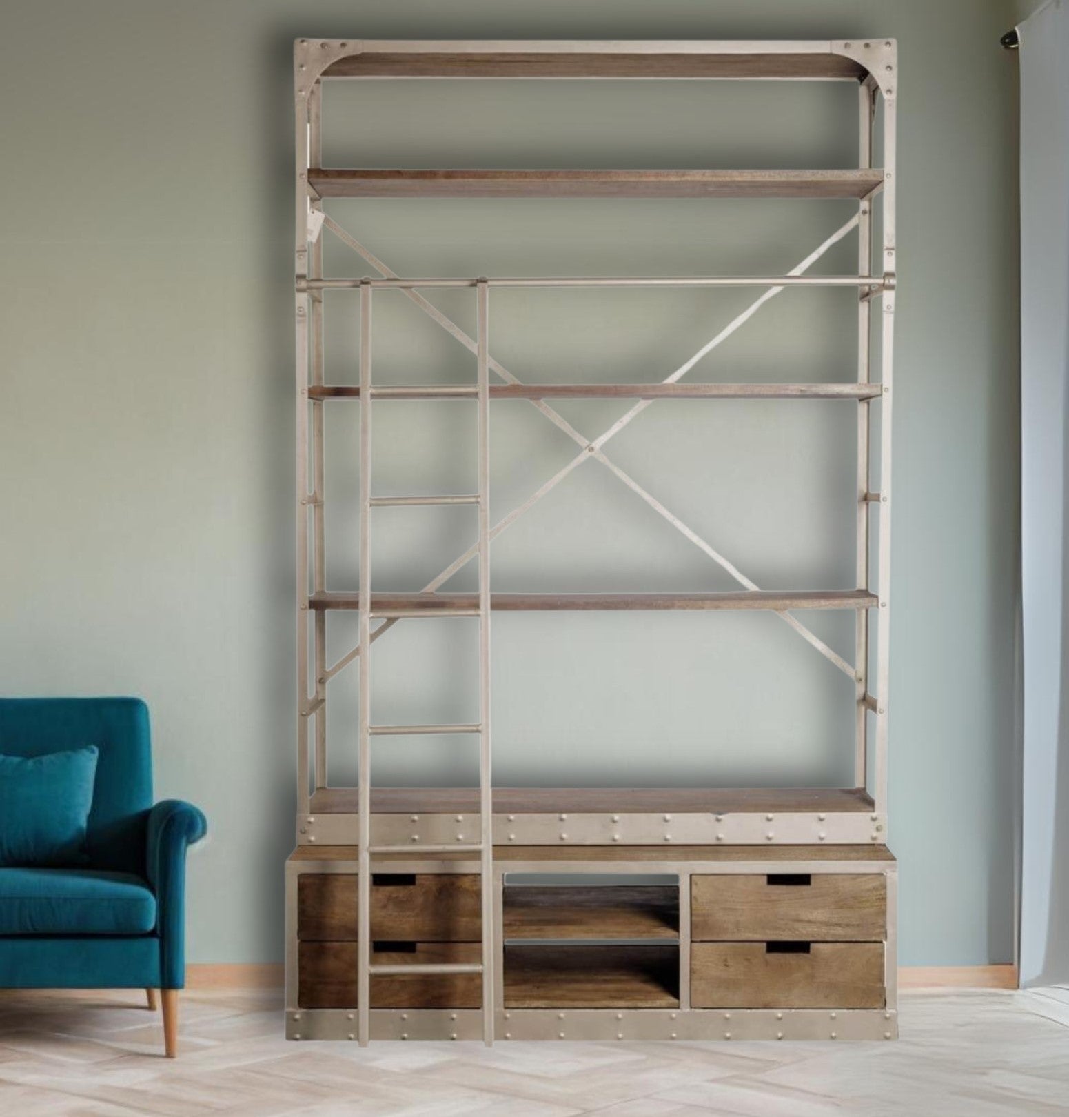 94" Brown Nickel and Wood Bookcase With Ladder