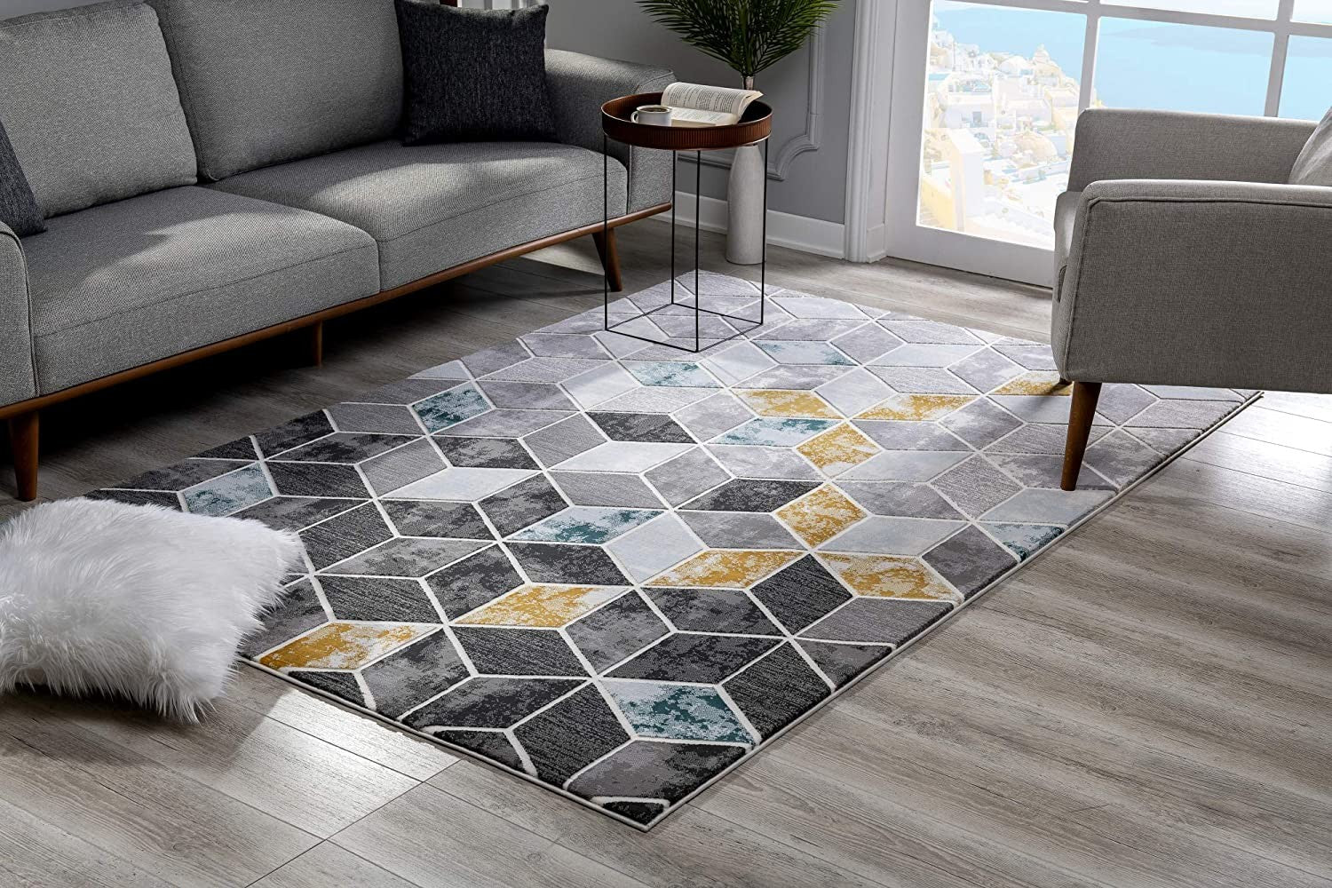 Gray and Gold Geometric Cubes Area Rug