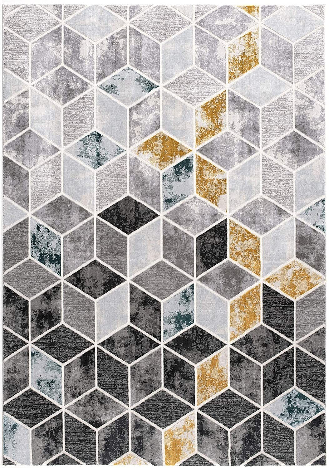 Gray and Gold Geometric Cubes Area Rug