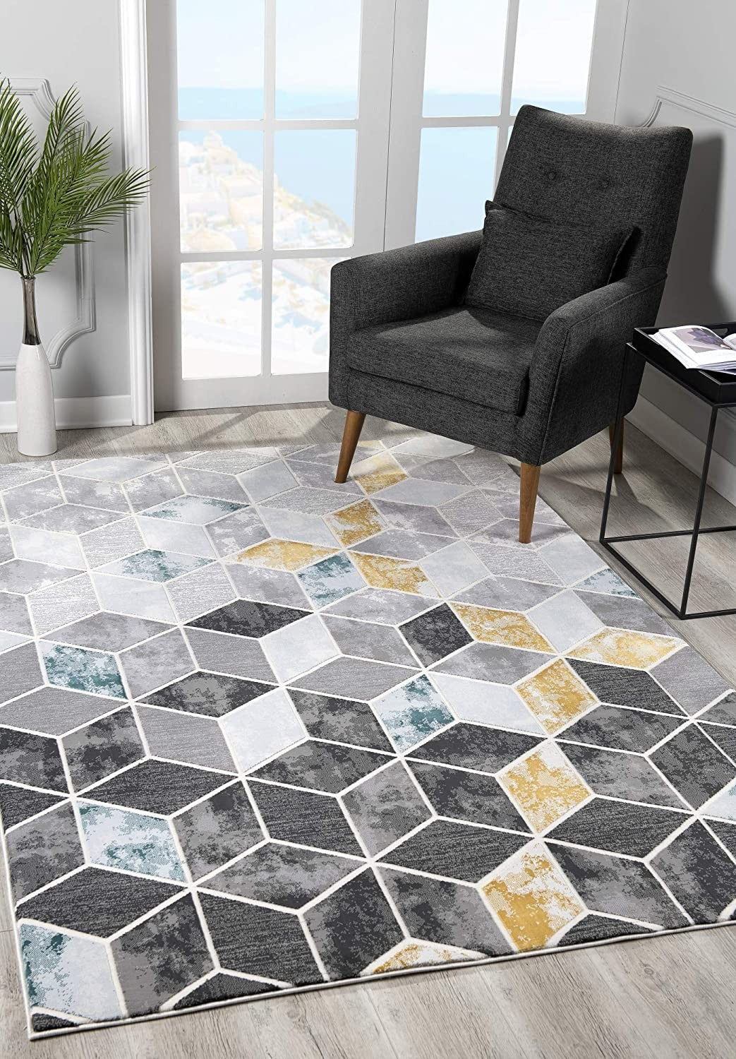 Gray and Gold Geometric Cubes Area Rug