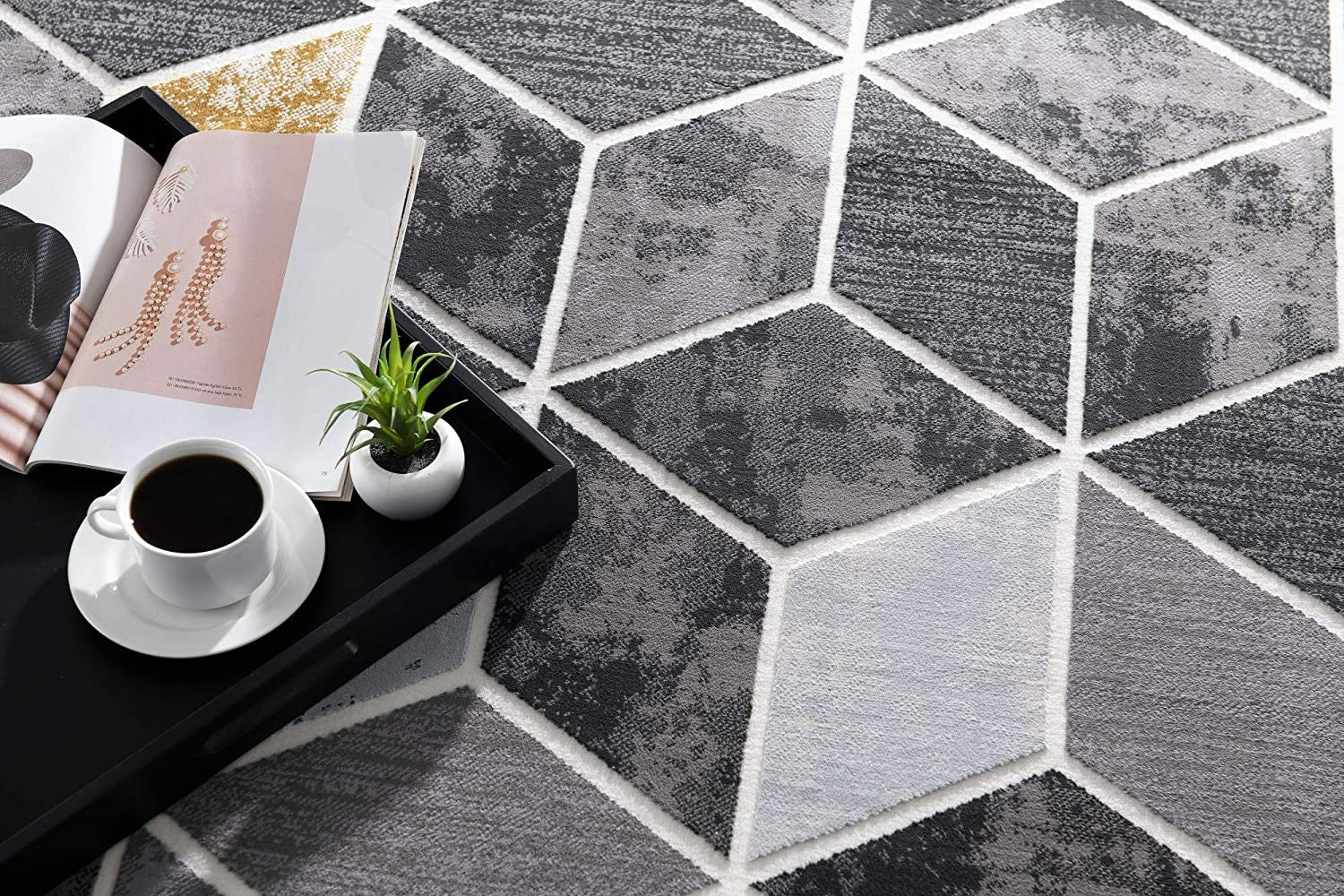 Gray and Gold Geometric Cubes Area Rug