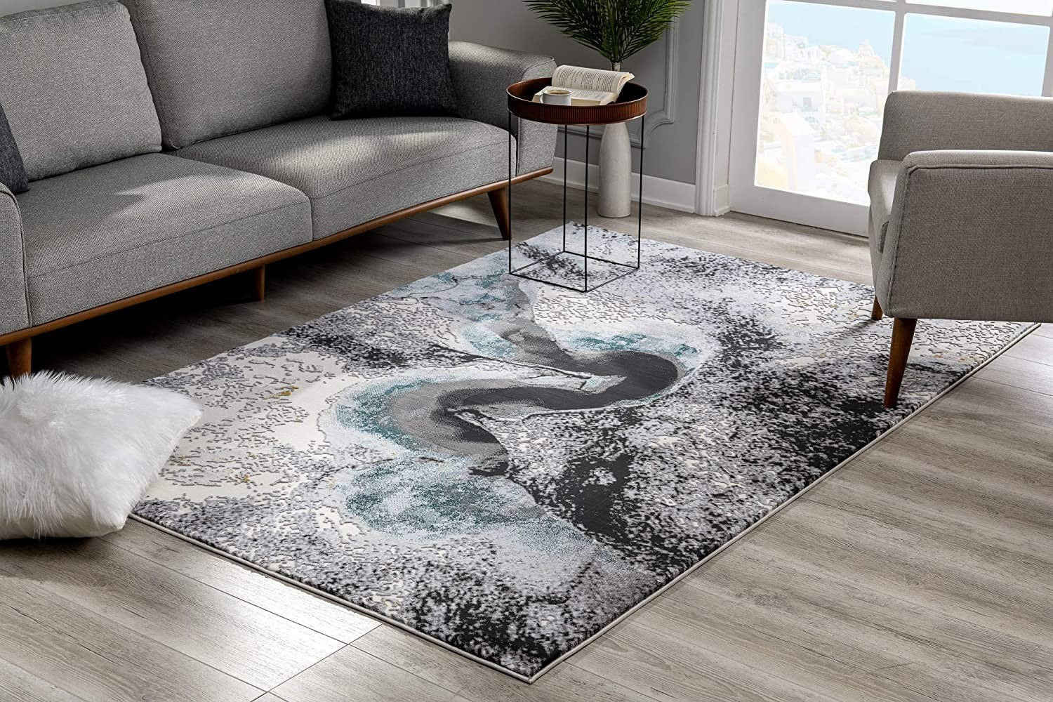 Gray and Black Abstract Swirl Area Rug