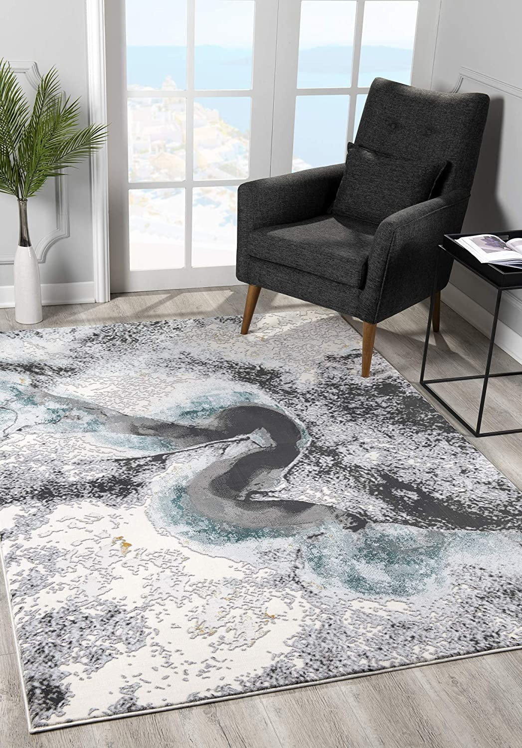 Gray and Black Abstract Swirl Area Rug