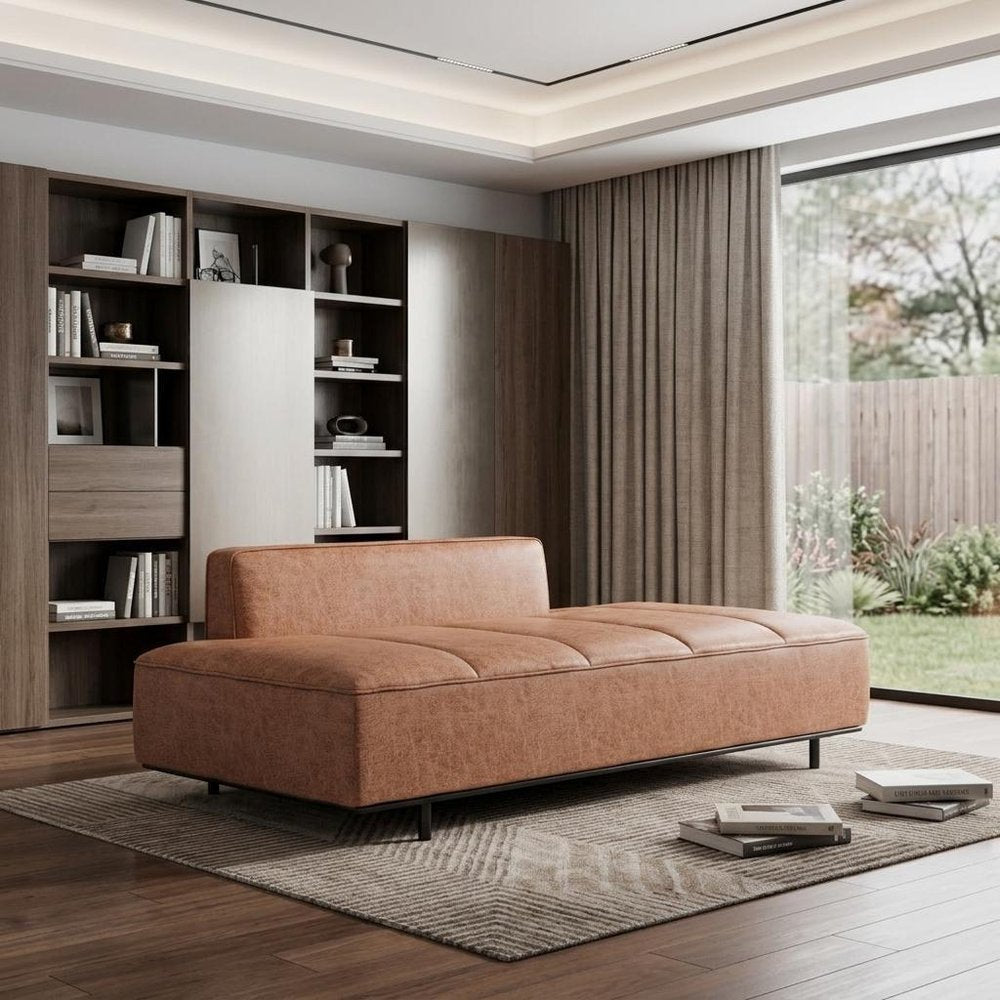 79" Brown Faux Leather Chaise Sofa