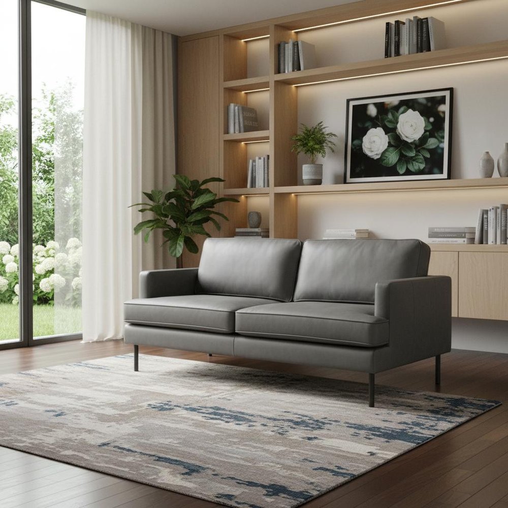 72" Gray Faux Leather Mid-Century Sofa