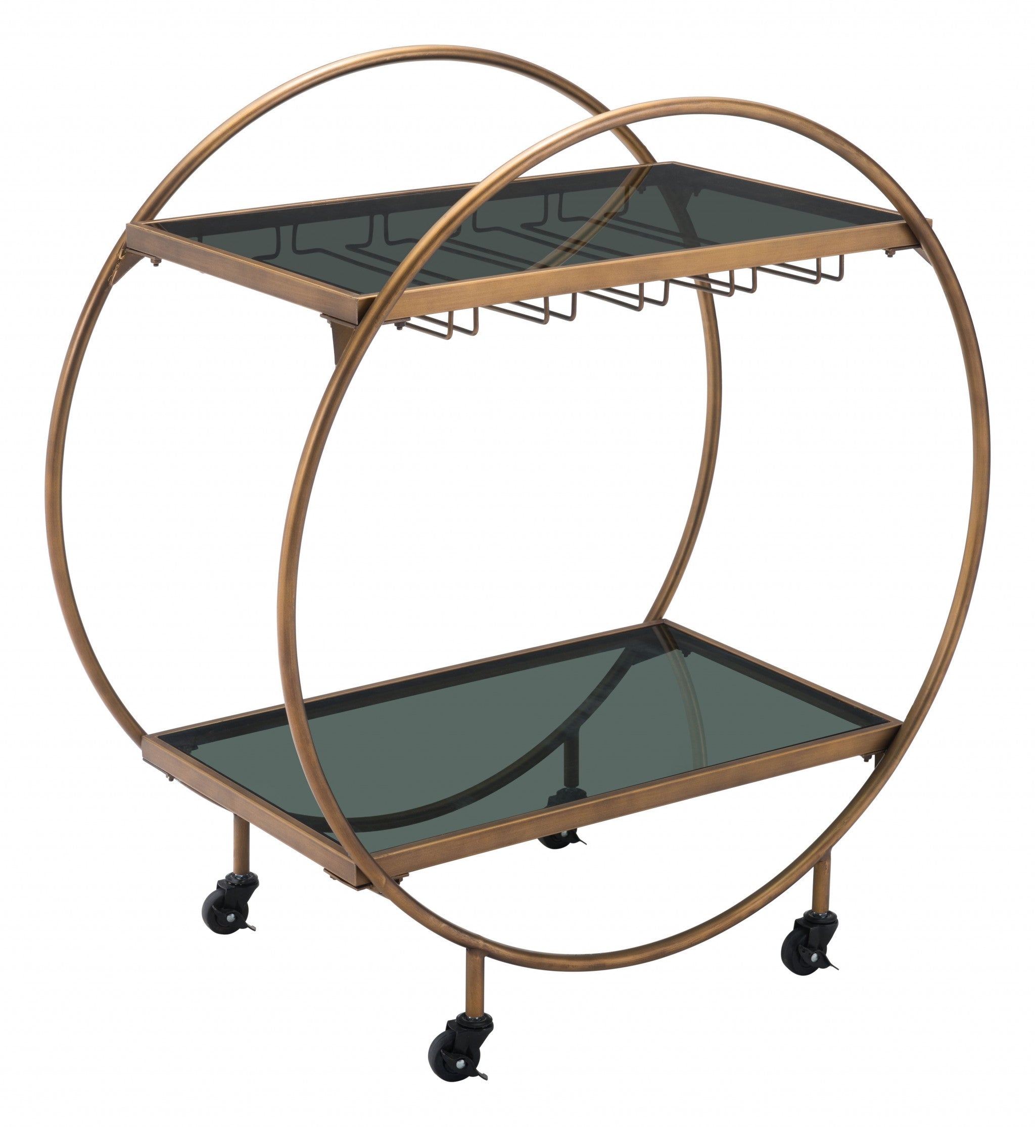 34" Gold and Black Round Bar Cart With Wine Glass Storage