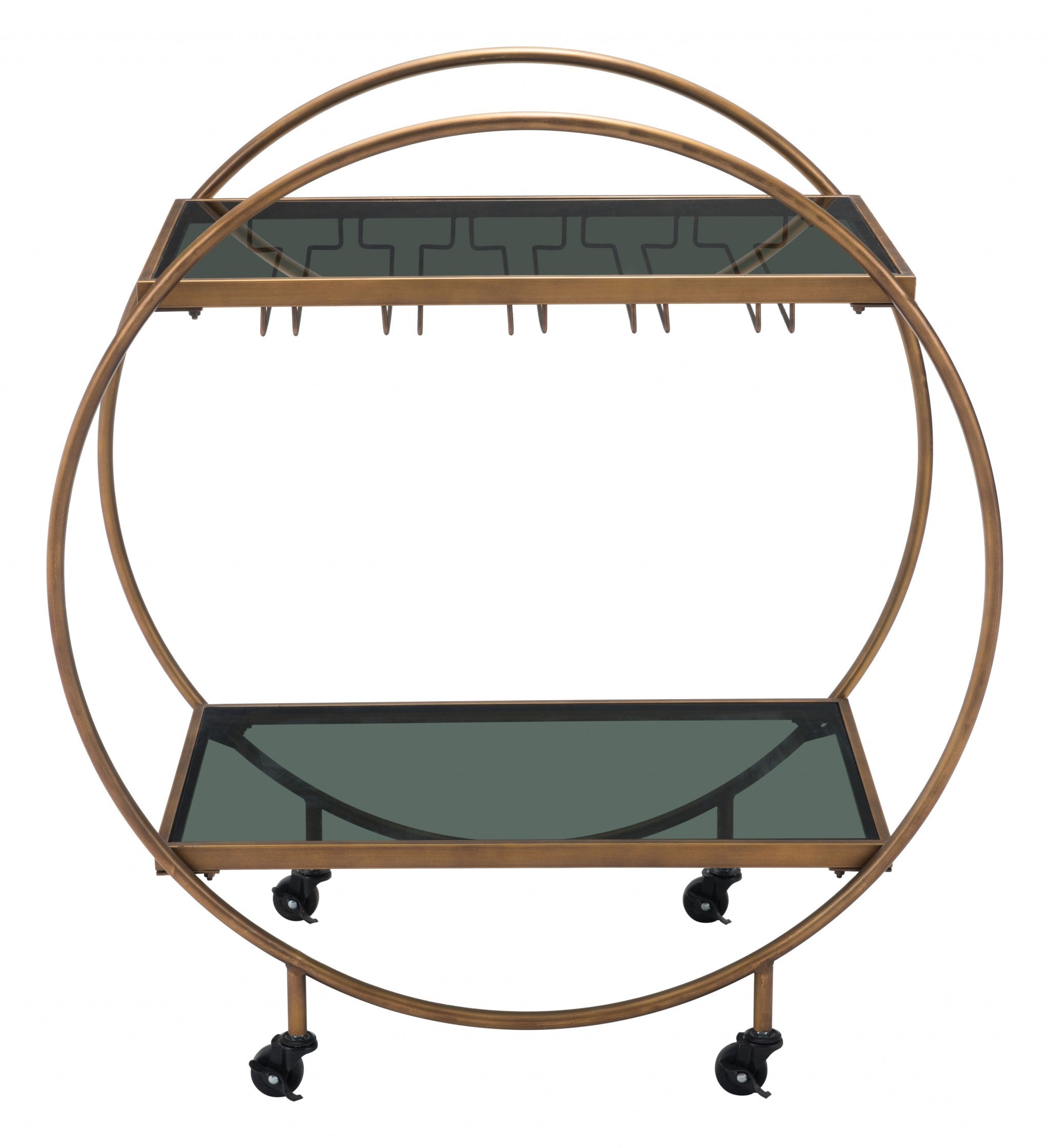 34" Gold and Black Round Bar Cart With Wine Glass Storage