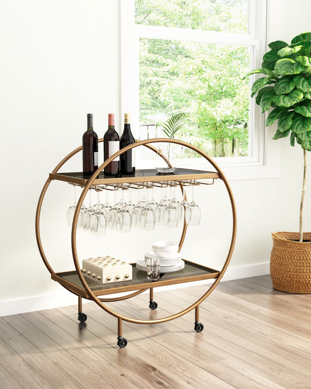 34" Gold and Black Round Bar Cart With Wine Glass Storage