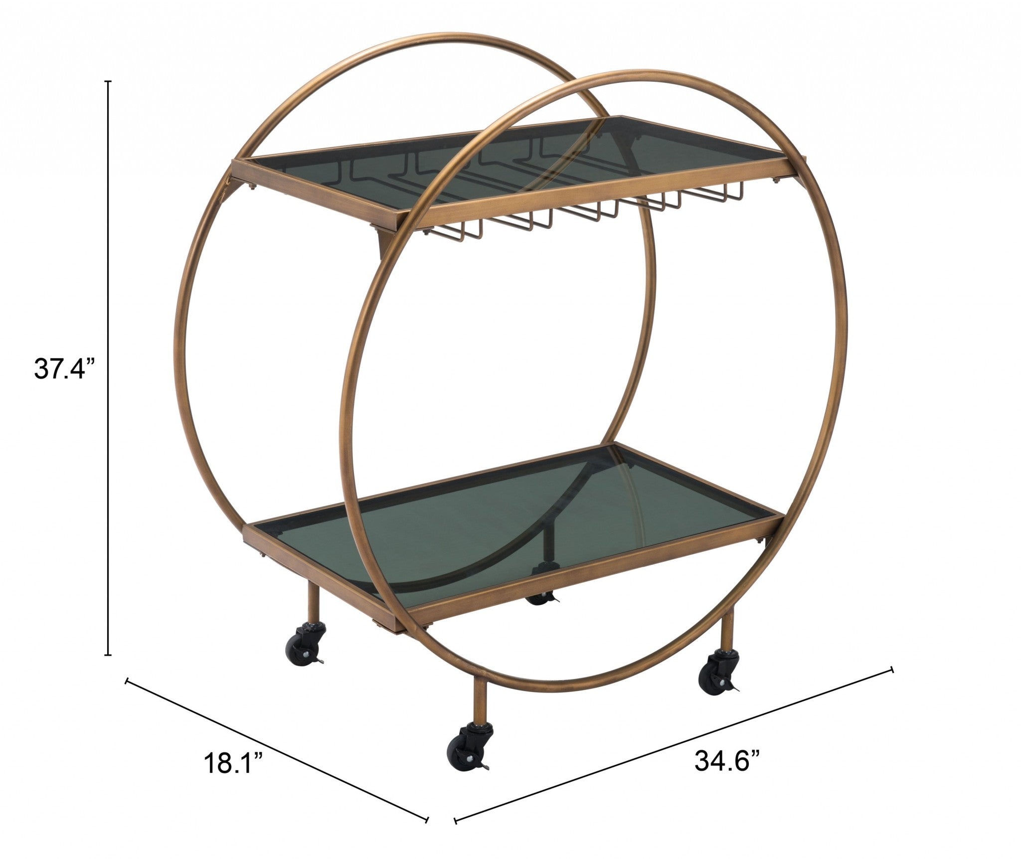 34" Gold and Black Round Bar Cart With Wine Glass Storage