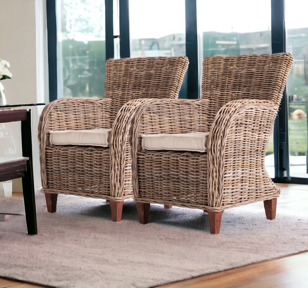 Set Of Two 26" Natural Brown Wingback Wicker Dining Chairs