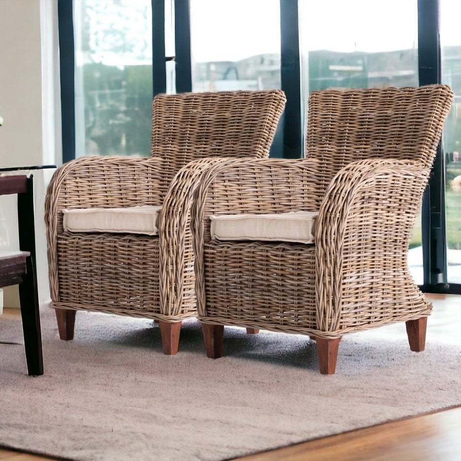 Set Of Two 26" Natural Brown Wingback Wicker Dining Chairs