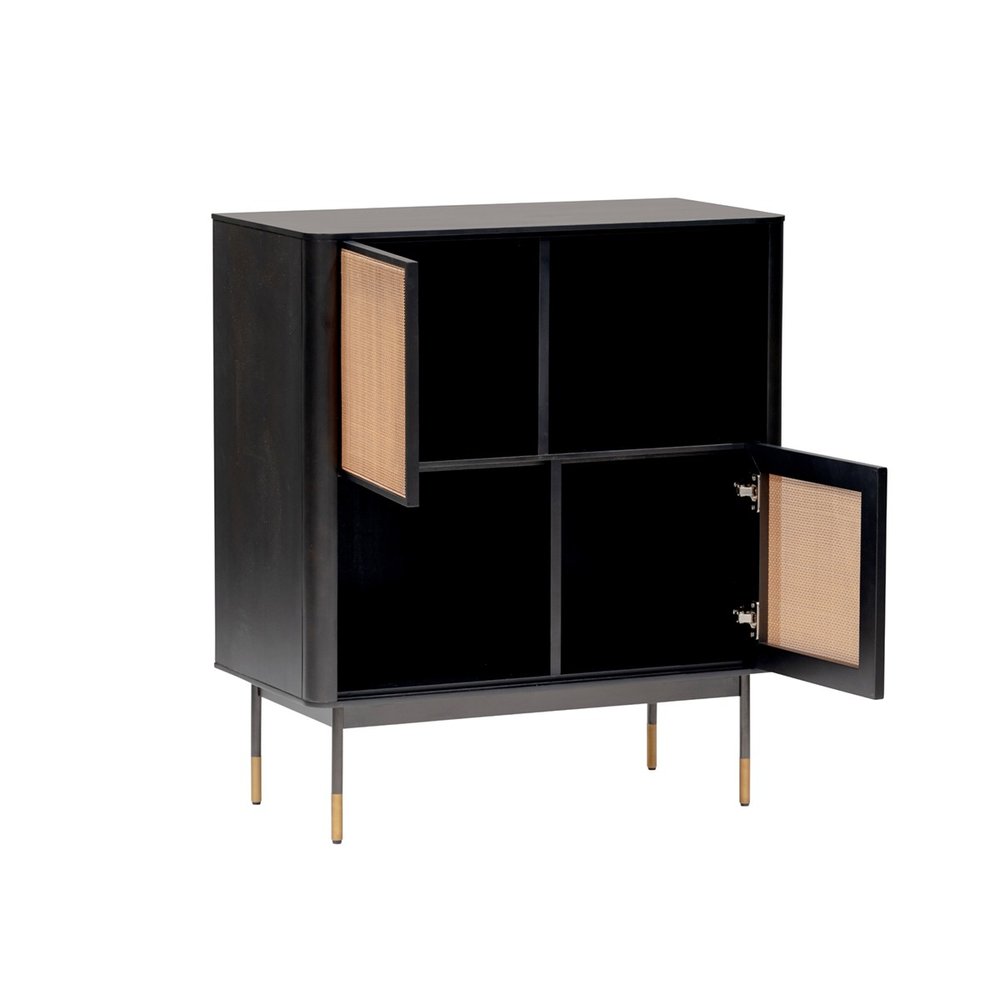 33" 4-Cabin Black Wood and Rattan Accent Cabinet