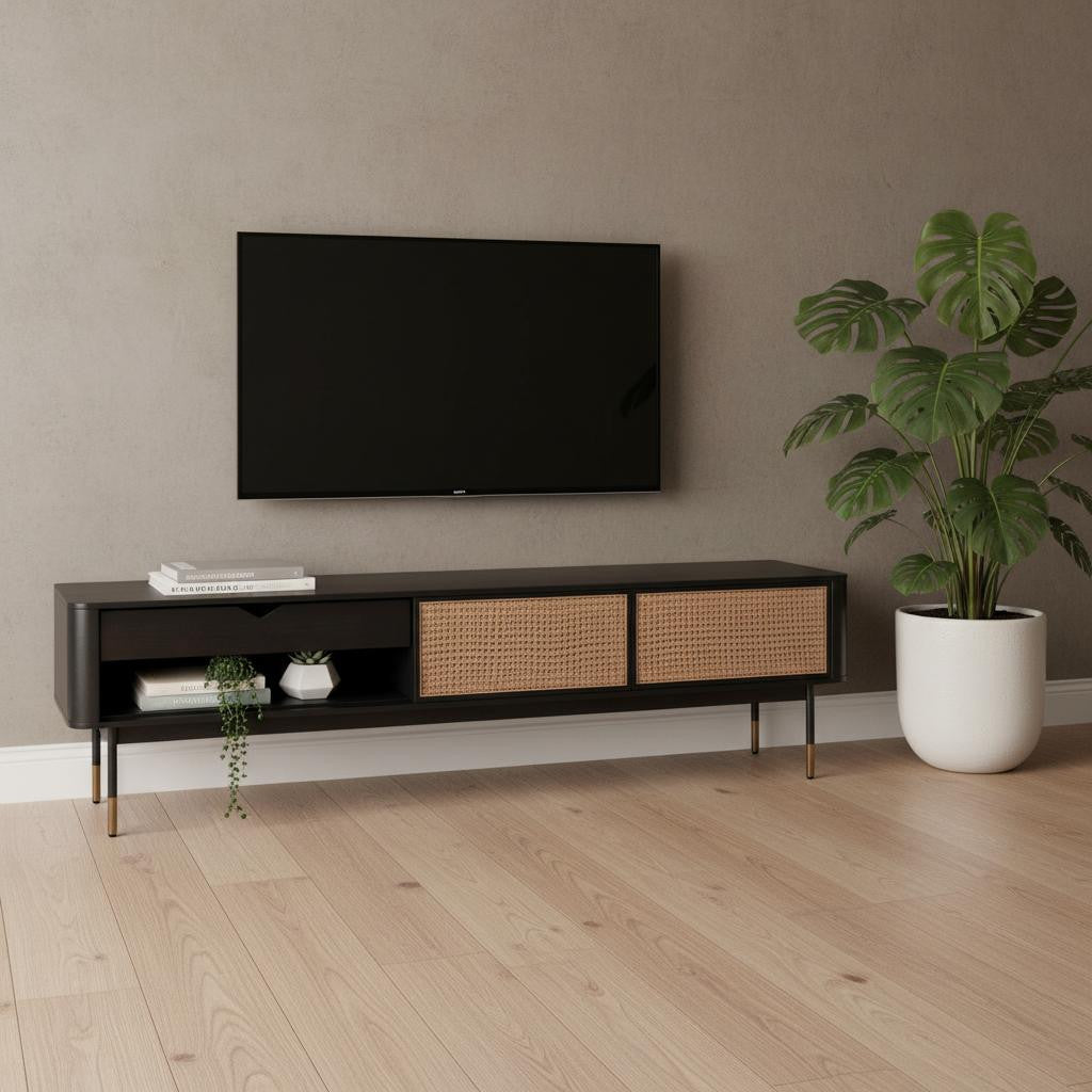 70" Wood and Rattan Mid-Century Entertainment Stand