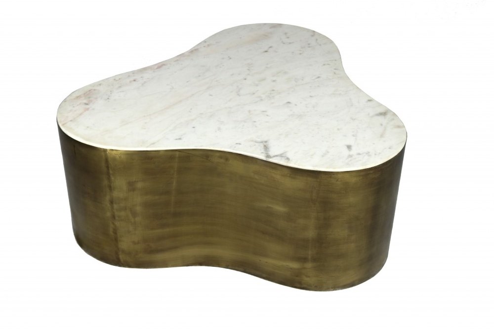 39" White and Brass Marble Free Form Coffee Table