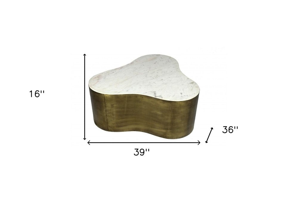 39" White and Brass Marble Free Form Coffee Table