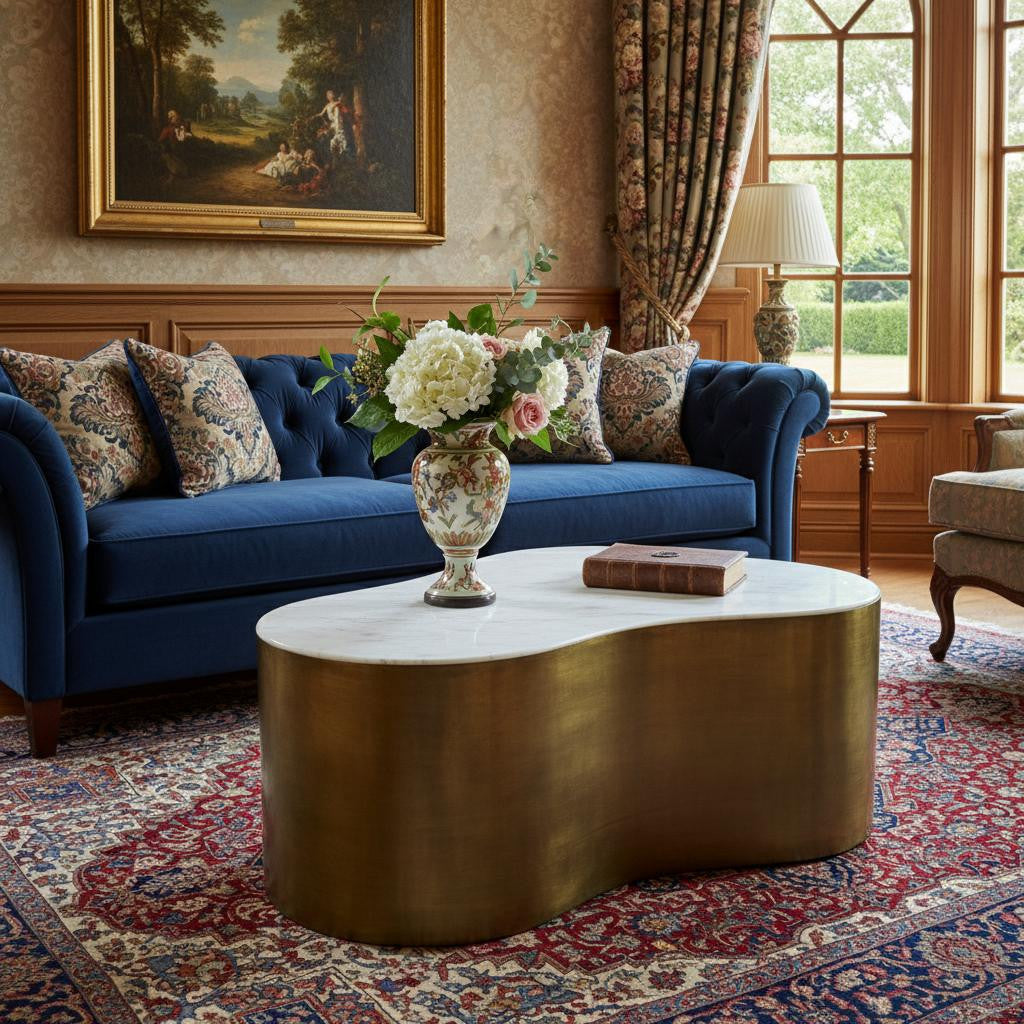 39" White and Brass Marble Free Form Coffee Table