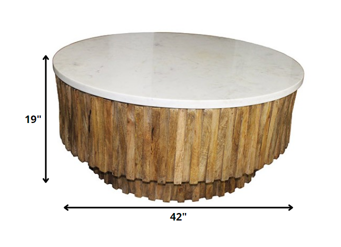 42" Brown Ridged Wood and Marble Coffee Table