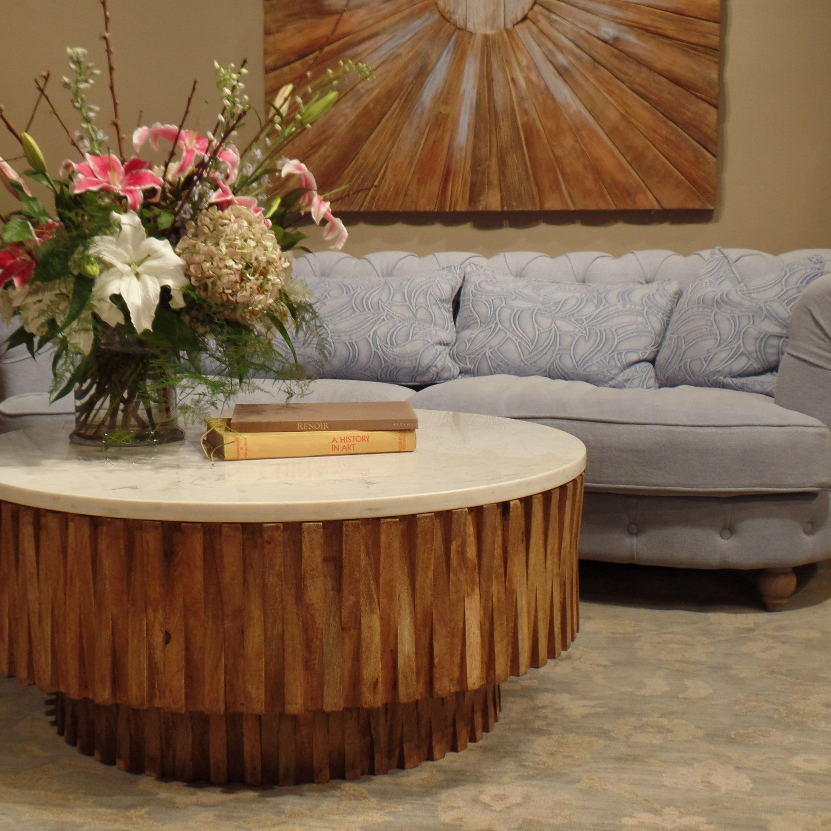 42" Brown Fluted Wood and Marble Coffee Table