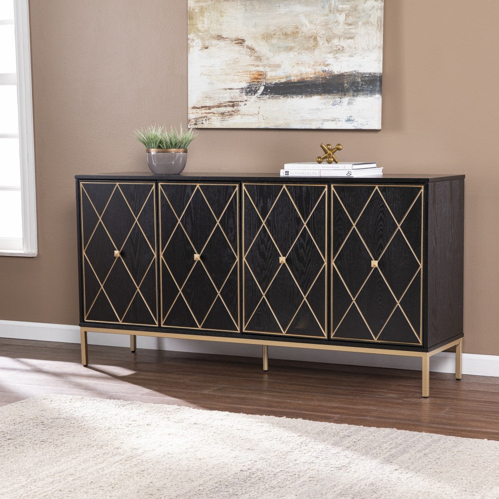 61" Black and Gold 4 Door Deco Wood Sideboard