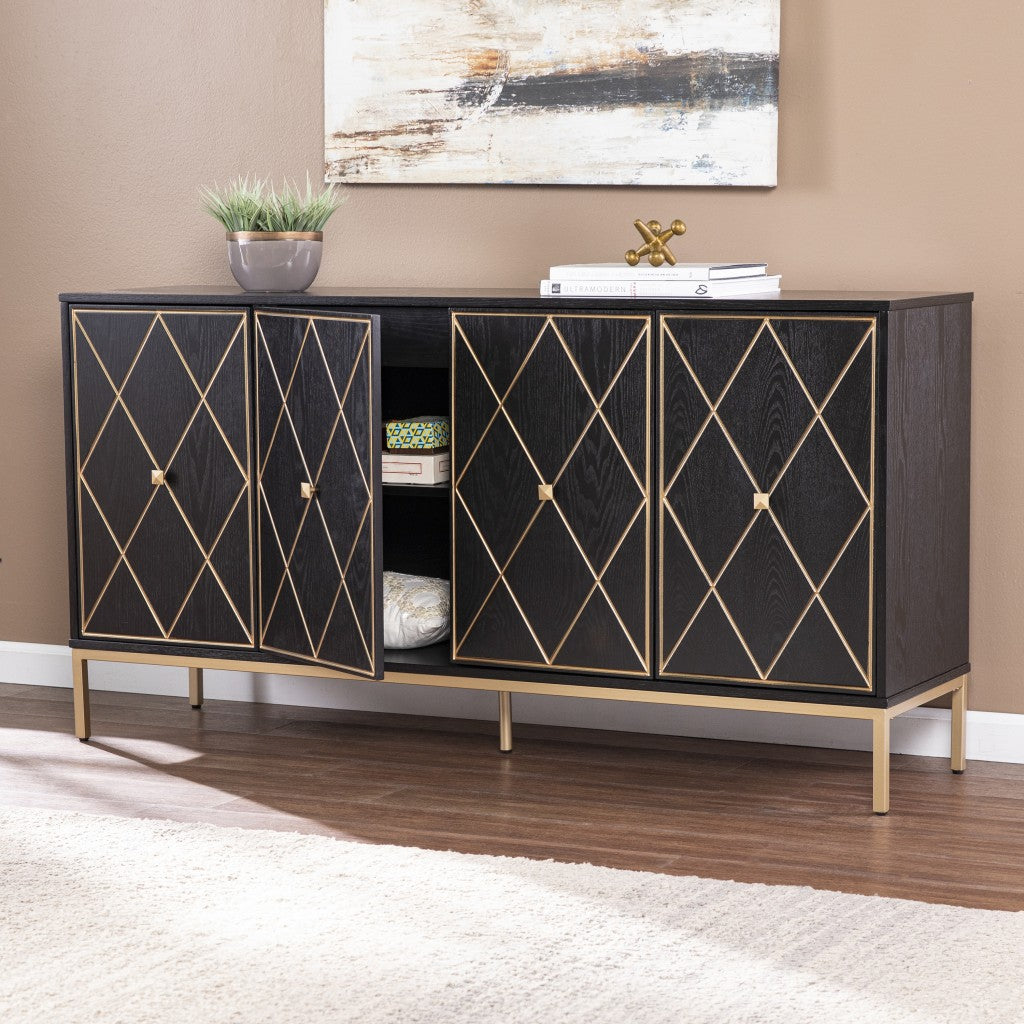 61" Black and Gold 4 Door Deco Wood Sideboard