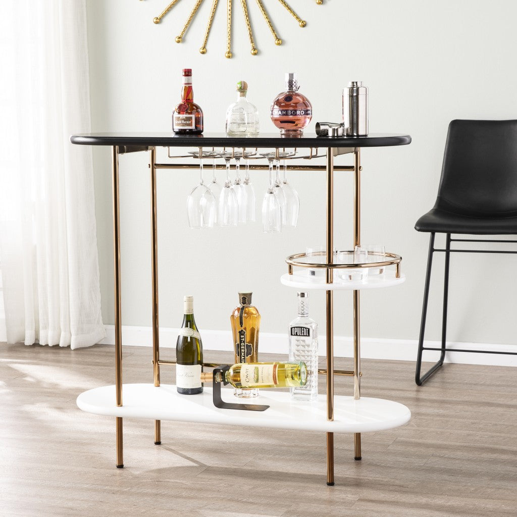 40" Black and Gold Metal Serving Table with Wine Glass Storage