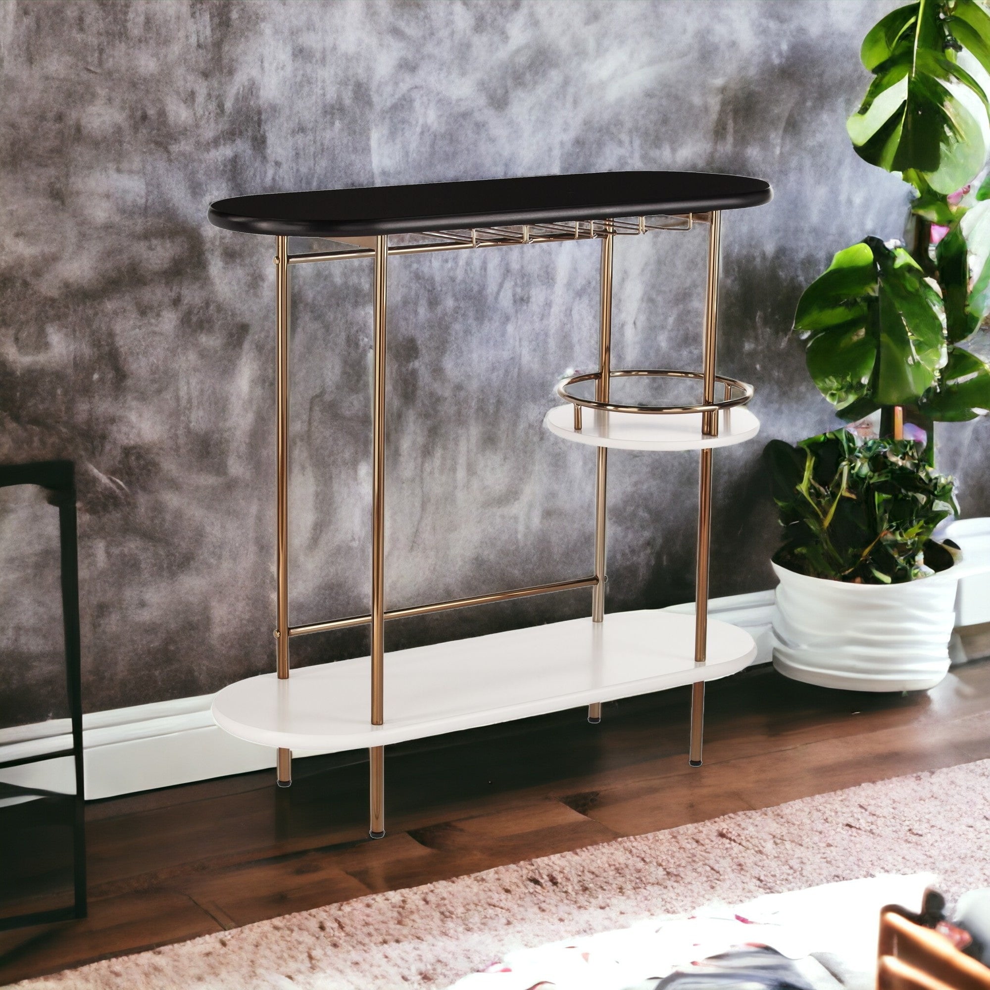 40" Black and Gold Metal Serving Table with Wine Glass Storage