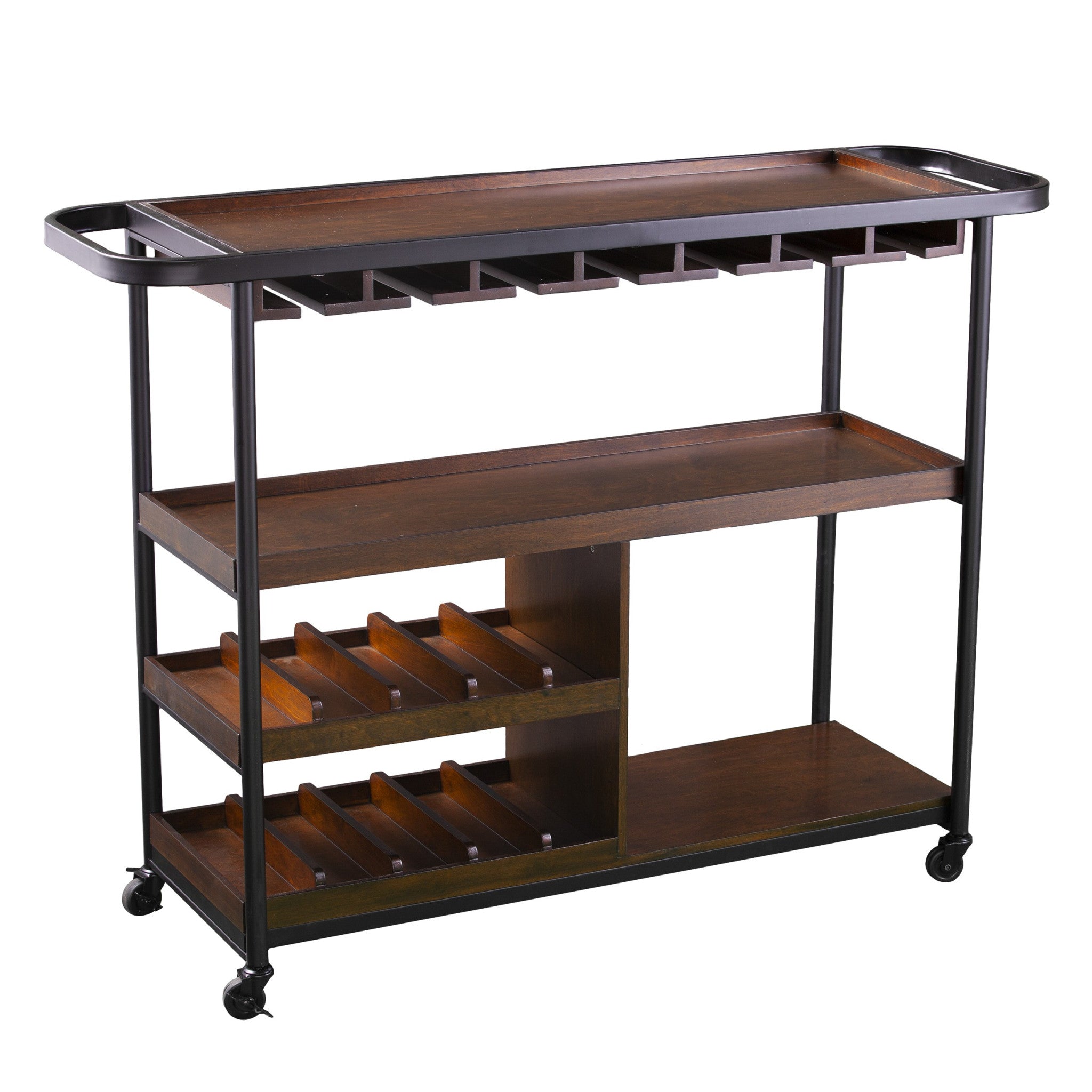 50" Brown Wood Rolling Serving Car with Wine Storage