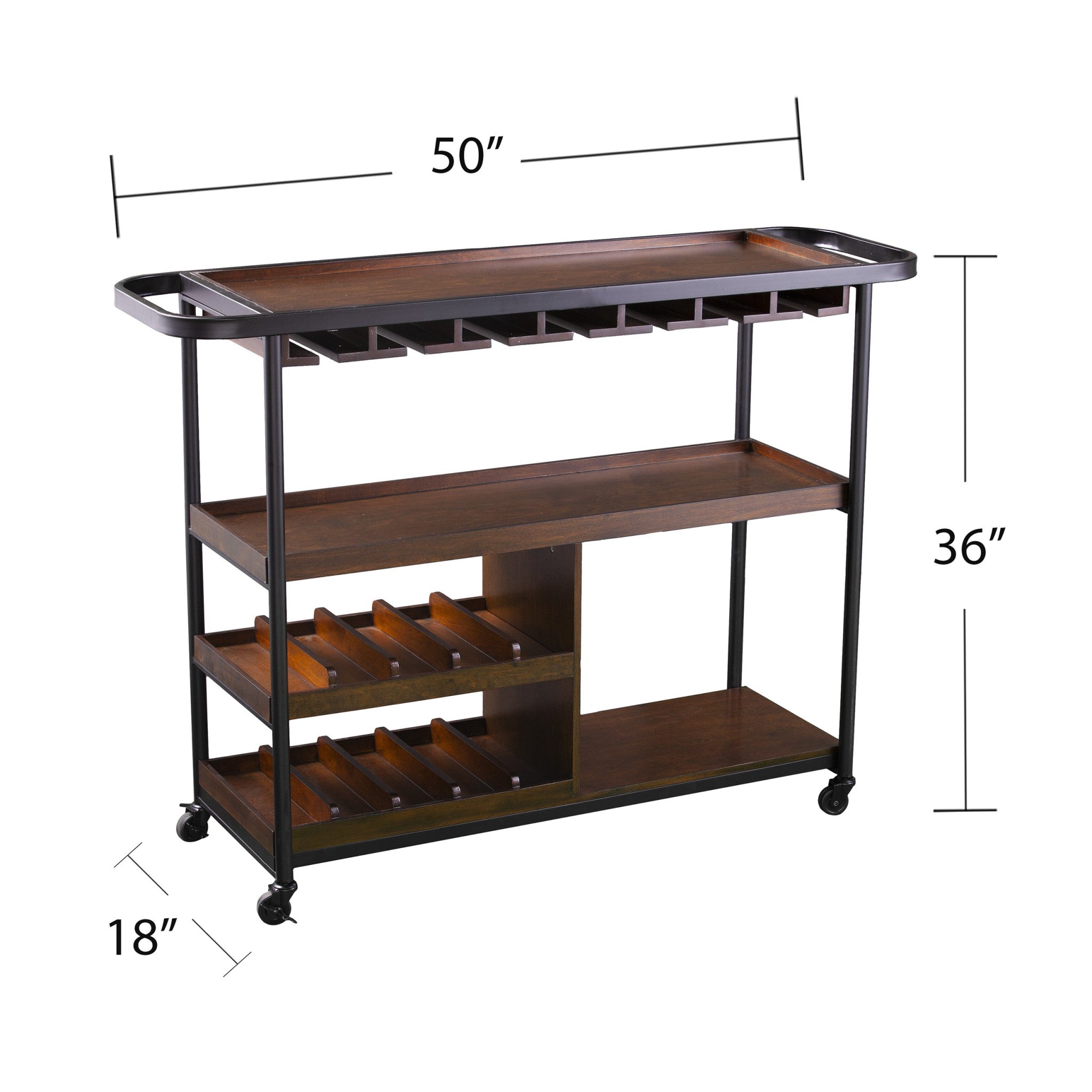 50" Brown Wood Rolling Serving Car with Wine Storage