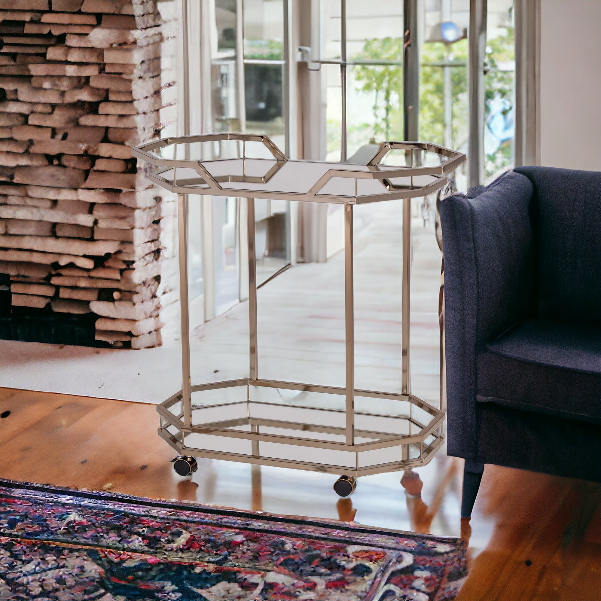 31" Silver Octagon Rolling Bar Cart