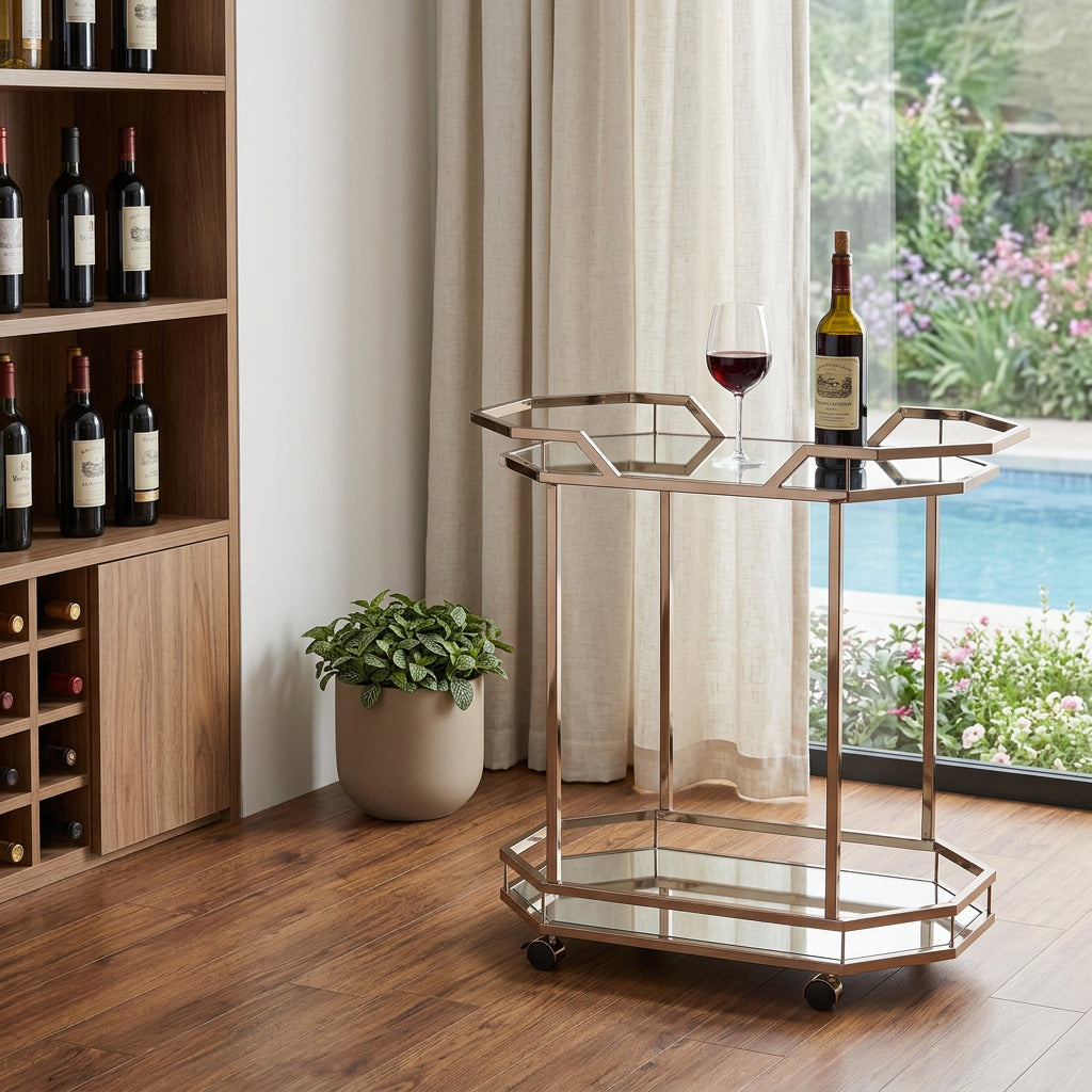 31" Silver Octagon Rolling Bar Cart