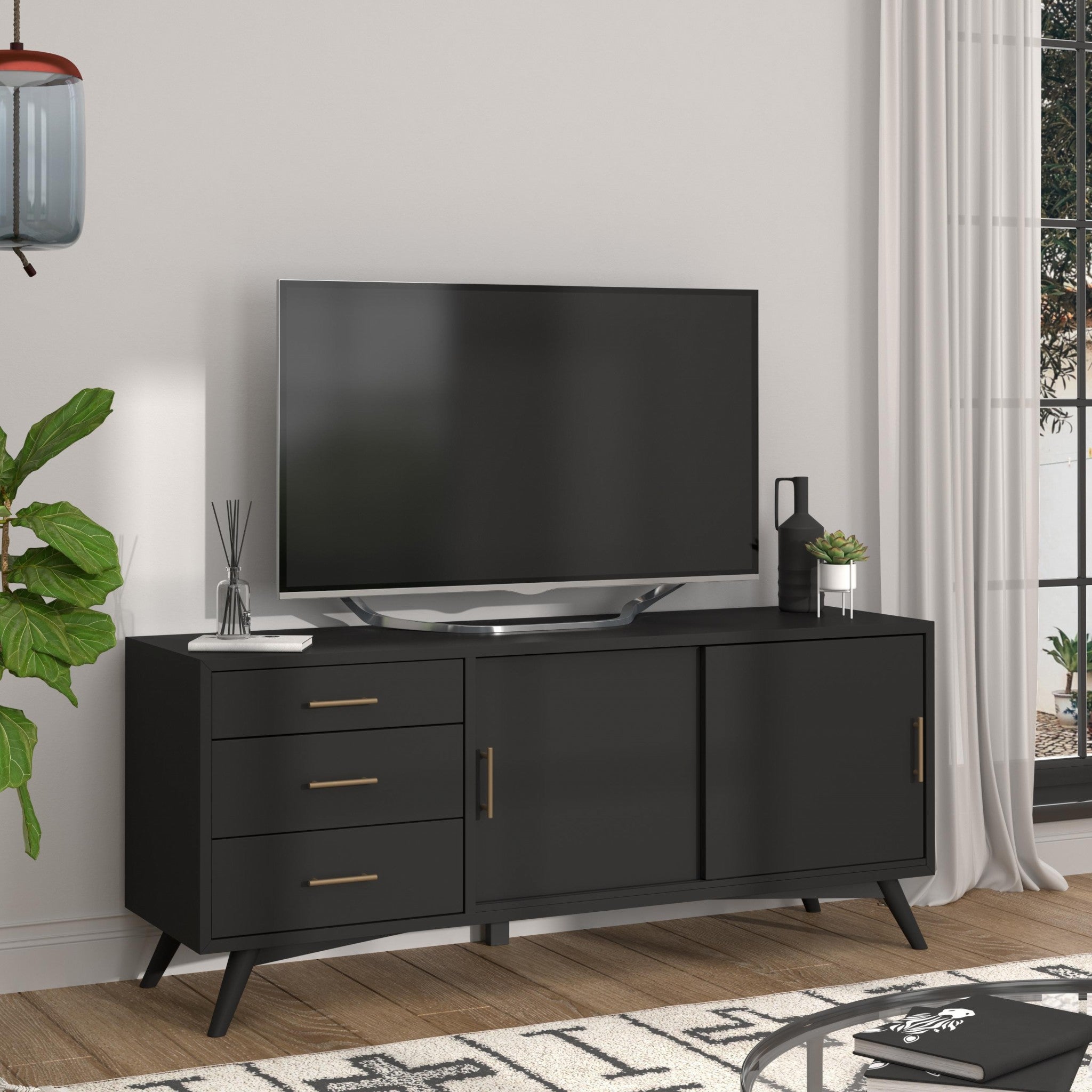 64" Mid-Century Sliding Door TV Stand