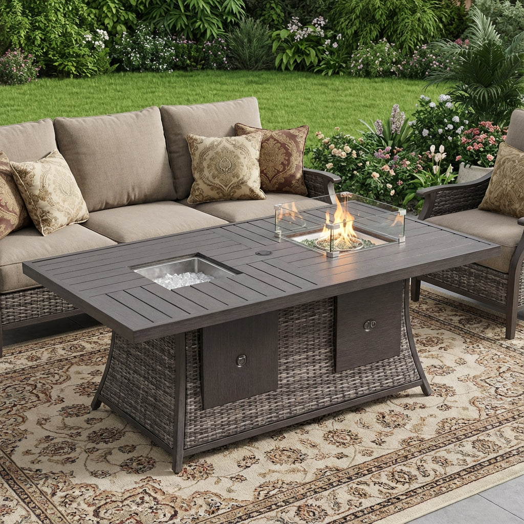 70" Wicker Square Fire Pit and Ice Bucket Table