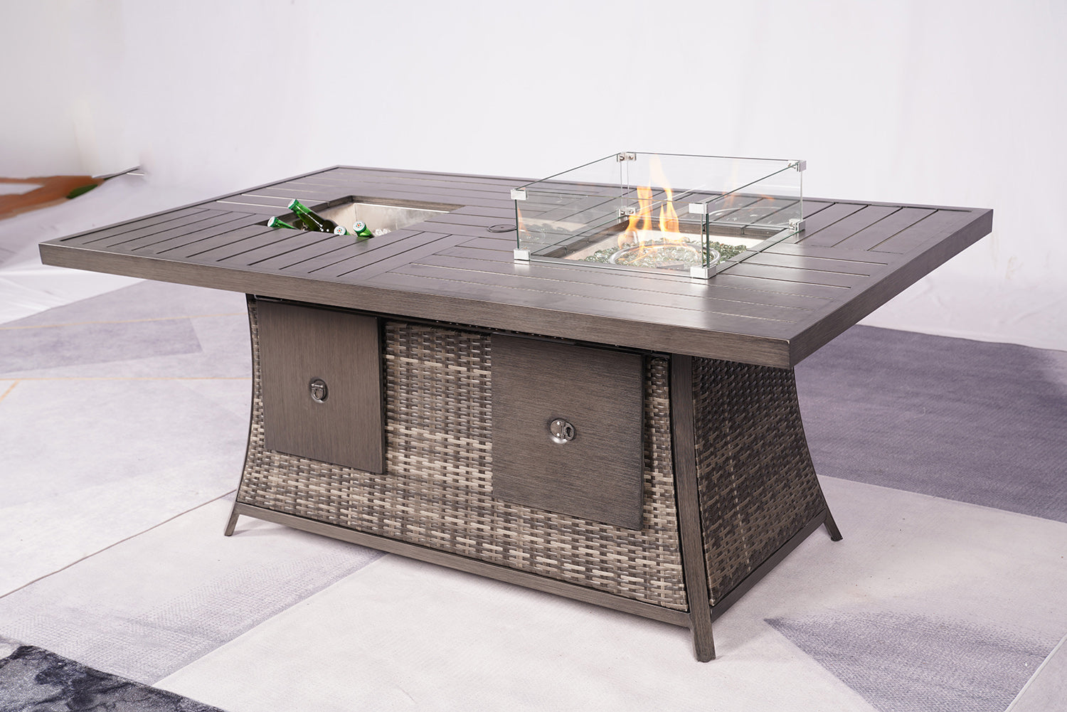 70" Wicker Square Fire Pit and Ice Bucket Table