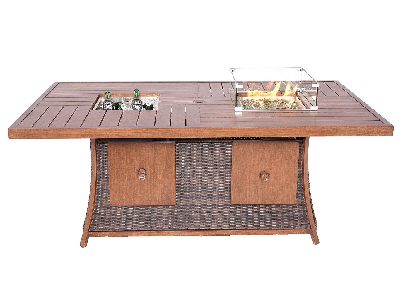 70" Wicker Square Fire Pit and Ice Bucket Table