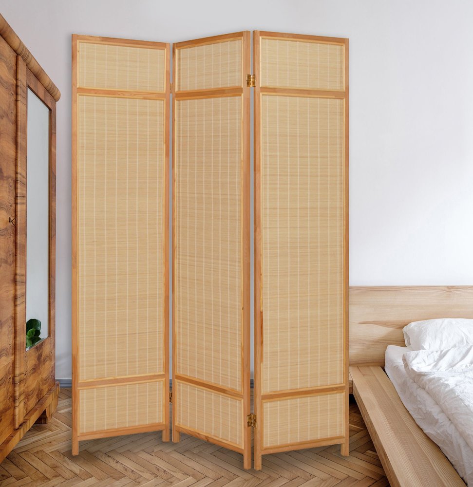 72" Brown Bamboo Folding Three Panel Room Divider