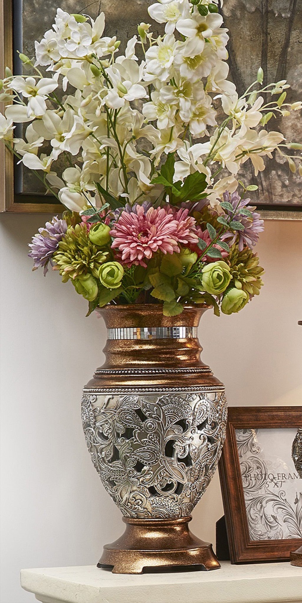 14" Gold and Silver Floral Urn Vase