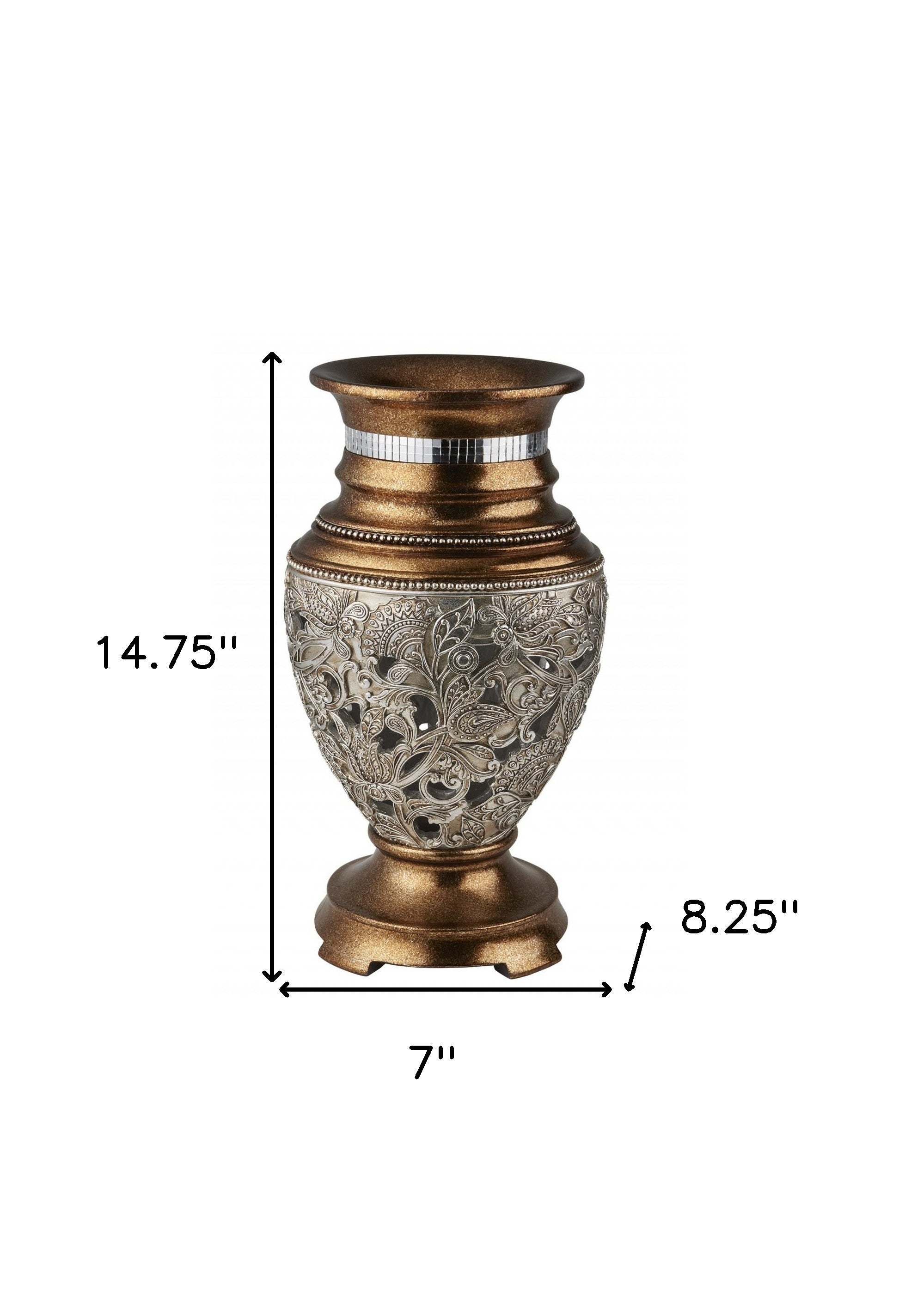 14" Gold and Silver Floral Urn Vase