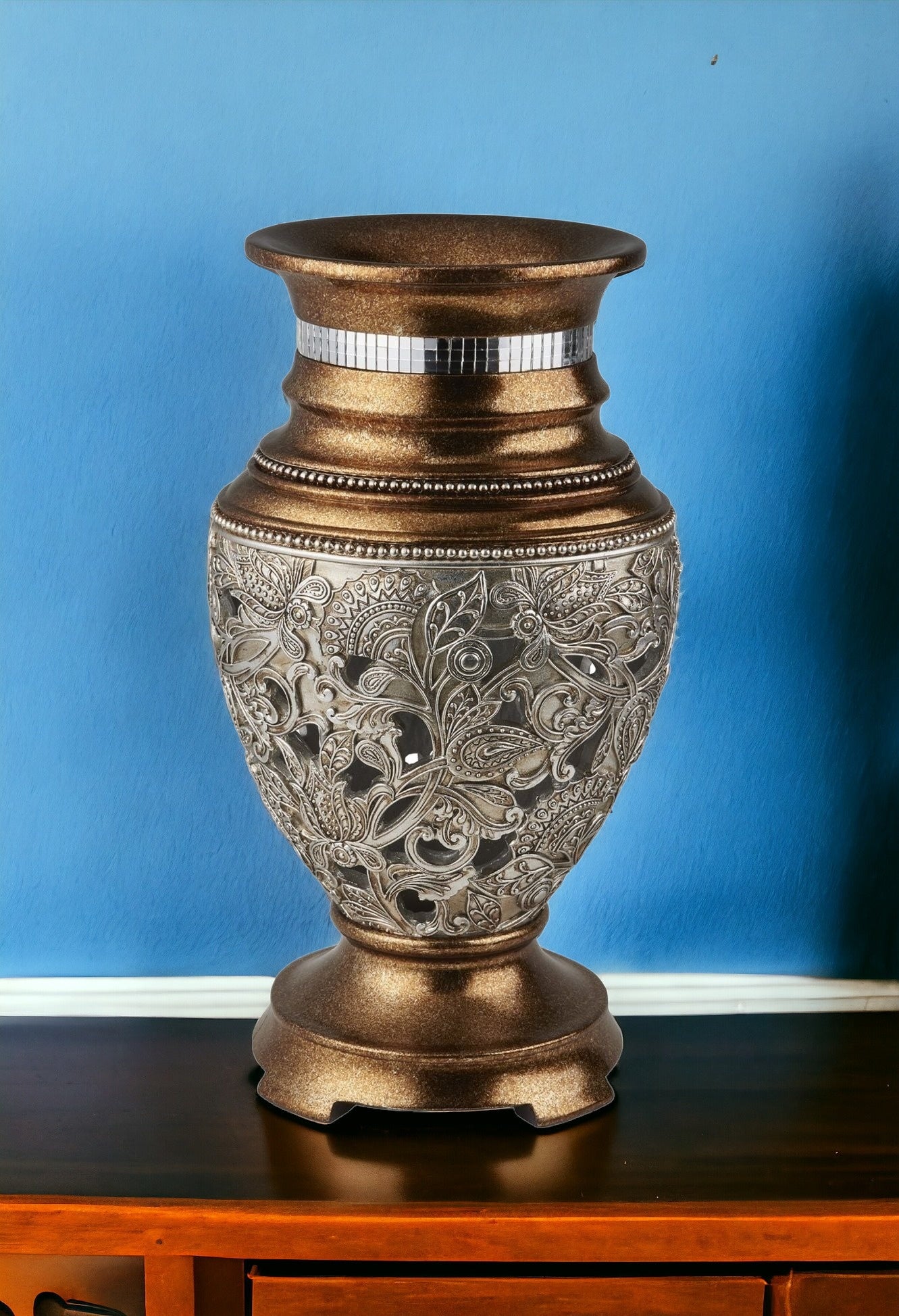 14" Gold and Silver Floral Urn Vase